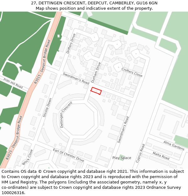 27, DETTINGEN CRESCENT, DEEPCUT, CAMBERLEY, GU16 6GN: Location map and indicative extent of plot