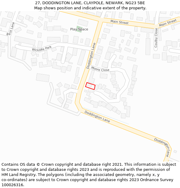 27, DODDINGTON LANE, CLAYPOLE, NEWARK, NG23 5BE: Location map and indicative extent of plot