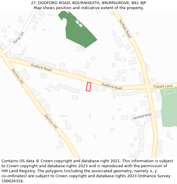 27, DODFORD ROAD, BOURNHEATH, BROMSGROVE, B61 9JP: Location map and indicative extent of plot