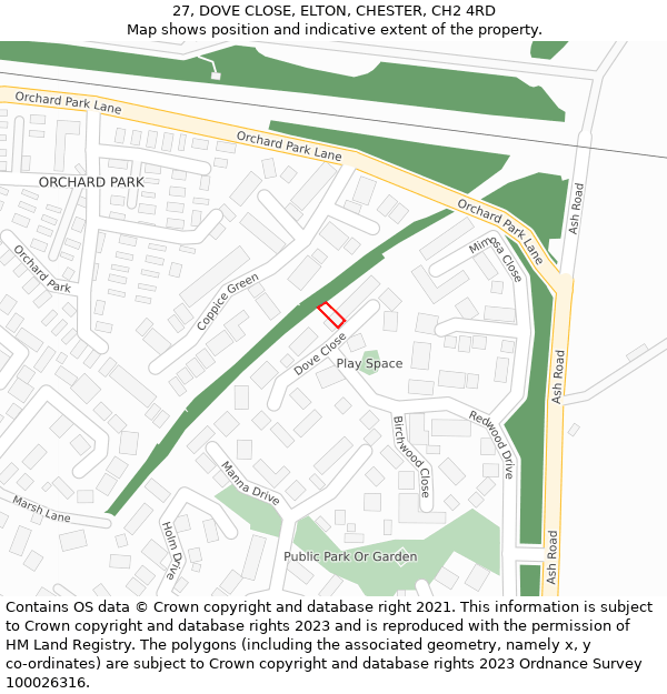 27, DOVE CLOSE, ELTON, CHESTER, CH2 4RD: Location map and indicative extent of plot