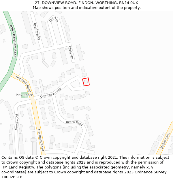 27, DOWNVIEW ROAD, FINDON, WORTHING, BN14 0UX: Location map and indicative extent of plot