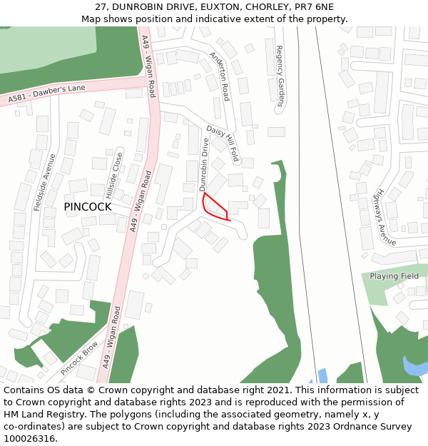 27, DUNROBIN DRIVE, EUXTON, CHORLEY, PR7 6NE: Location map and indicative extent of plot