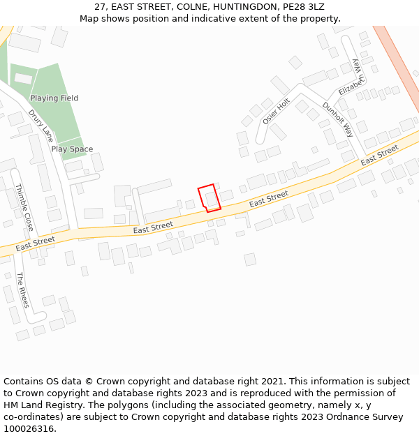 27, EAST STREET, COLNE, HUNTINGDON, PE28 3LZ: Location map and indicative extent of plot