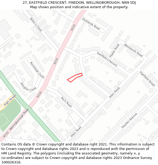 27, EASTFIELD CRESCENT, FINEDON, WELLINGBOROUGH, NN9 5DJ: Location map and indicative extent of plot