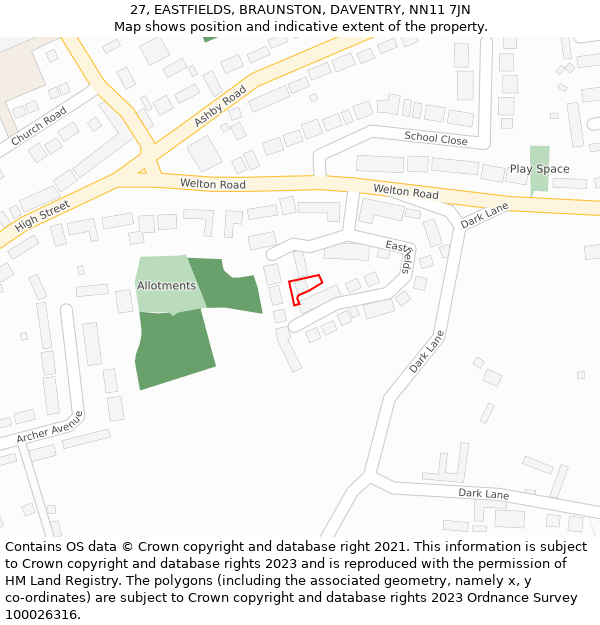 27, EASTFIELDS, BRAUNSTON, DAVENTRY, NN11 7JN: Location map and indicative extent of plot