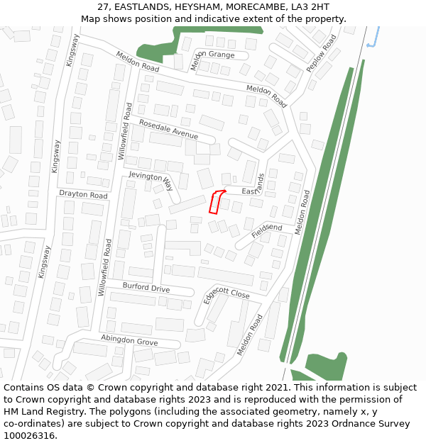 27, EASTLANDS, HEYSHAM, MORECAMBE, LA3 2HT: Location map and indicative extent of plot