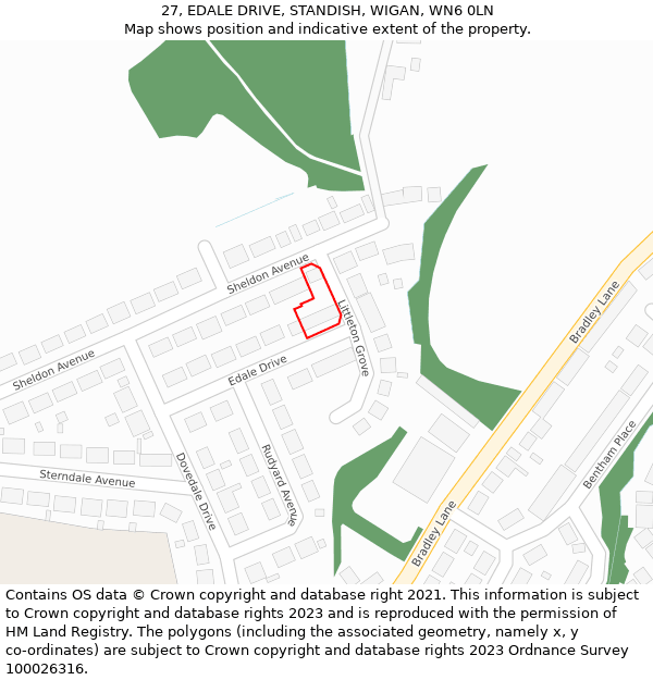27, EDALE DRIVE, STANDISH, WIGAN, WN6 0LN: Location map and indicative extent of plot