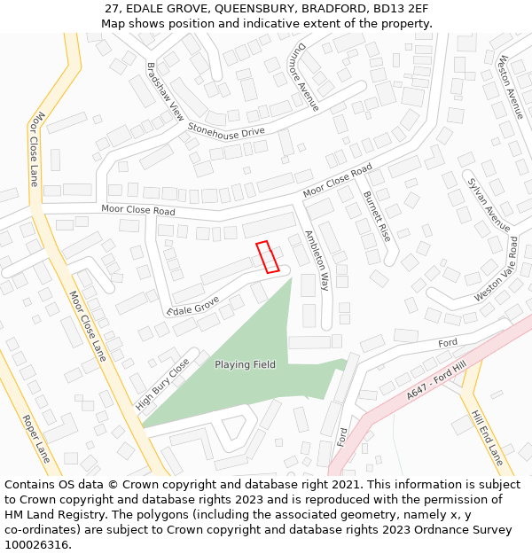 27, EDALE GROVE, QUEENSBURY, BRADFORD, BD13 2EF: Location map and indicative extent of plot