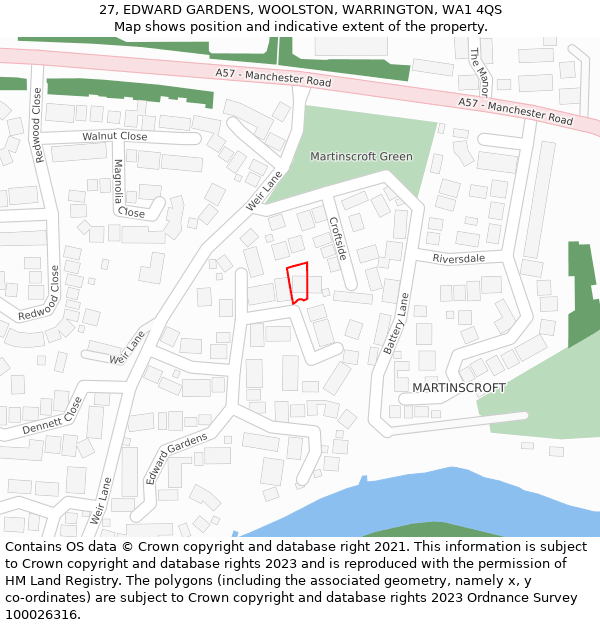 27, EDWARD GARDENS, WOOLSTON, WARRINGTON, WA1 4QS: Location map and indicative extent of plot