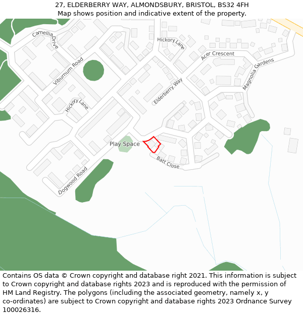 27, ELDERBERRY WAY, ALMONDSBURY, BRISTOL, BS32 4FH: Location map and indicative extent of plot