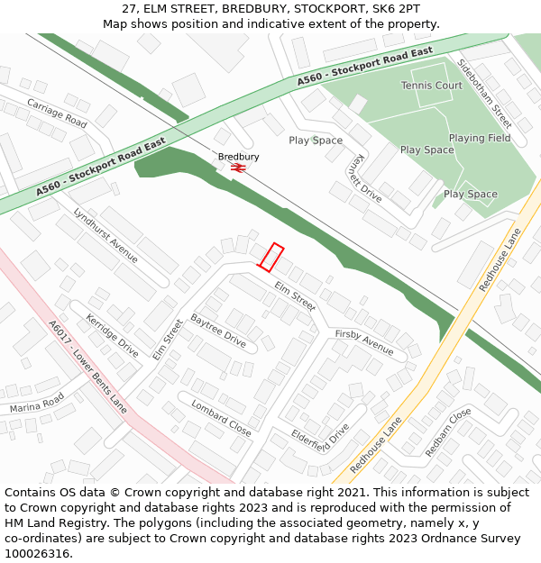 27, ELM STREET, BREDBURY, STOCKPORT, SK6 2PT: Location map and indicative extent of plot