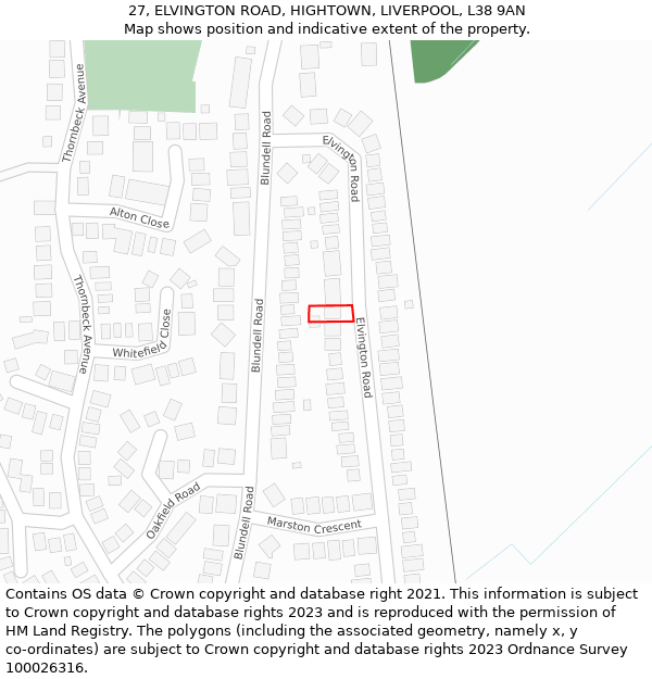 27, ELVINGTON ROAD, HIGHTOWN, LIVERPOOL, L38 9AN: Location map and indicative extent of plot
