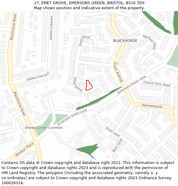 27, EMET GROVE, EMERSONS GREEN, BRISTOL, BS16 7EH: Location map and indicative extent of plot
