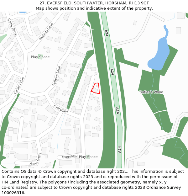 27, EVERSFIELD, SOUTHWATER, HORSHAM, RH13 9GF: Location map and indicative extent of plot