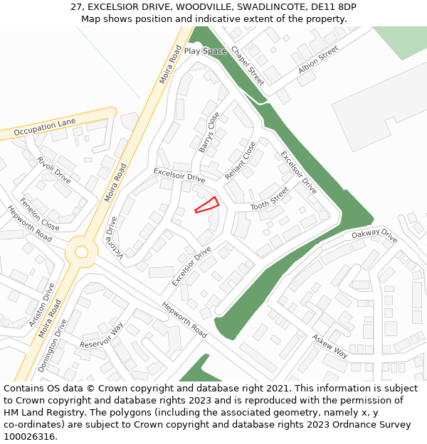 27, EXCELSIOR DRIVE, WOODVILLE, SWADLINCOTE, DE11 8DP: Location map and indicative extent of plot