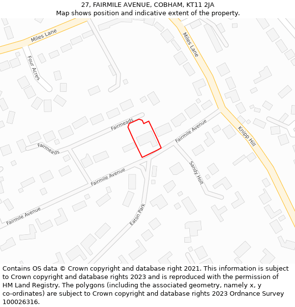 27, FAIRMILE AVENUE, COBHAM, KT11 2JA: Location map and indicative extent of plot