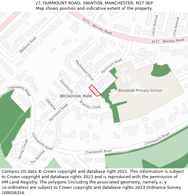 27, FAIRMOUNT ROAD, SWINTON, MANCHESTER, M27 0EP: Location map and indicative extent of plot