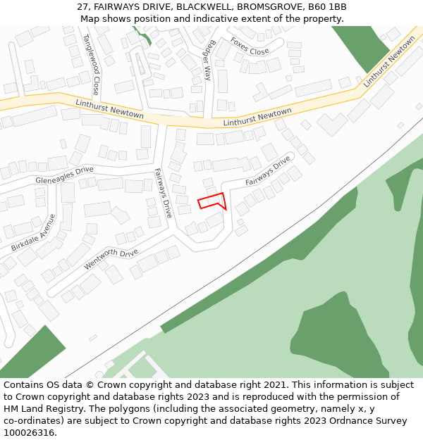 27, FAIRWAYS DRIVE, BLACKWELL, BROMSGROVE, B60 1BB: Location map and indicative extent of plot