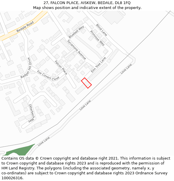 27, FALCON PLACE, AISKEW, BEDALE, DL8 1FQ: Location map and indicative extent of plot