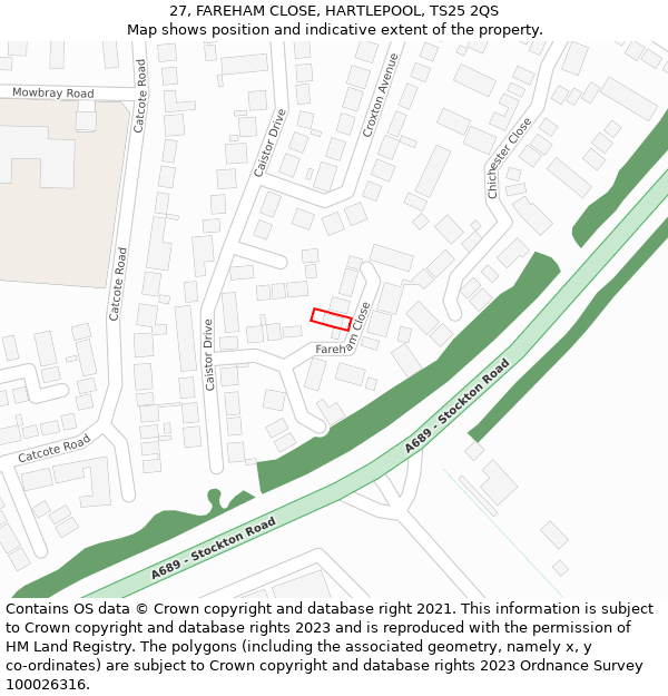 27, FAREHAM CLOSE, HARTLEPOOL, TS25 2QS: Location map and indicative extent of plot