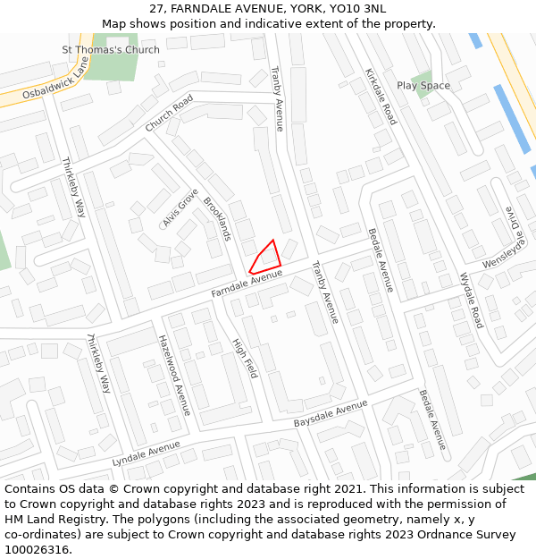 27, FARNDALE AVENUE, YORK, YO10 3NL: Location map and indicative extent of plot