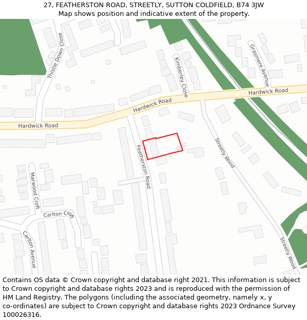 27, FEATHERSTON ROAD, STREETLY, SUTTON COLDFIELD, B74 3JW: Location map and indicative extent of plot