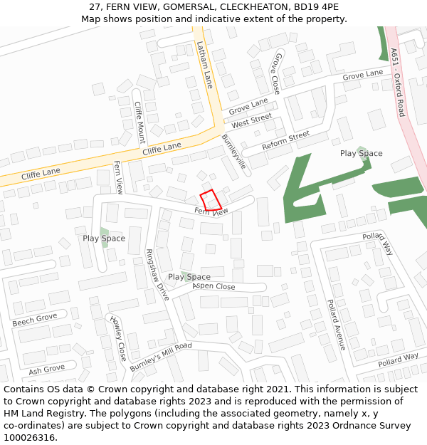 27, FERN VIEW, GOMERSAL, CLECKHEATON, BD19 4PE: Location map and indicative extent of plot