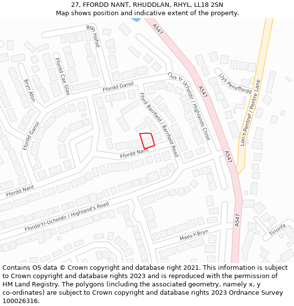 27, FFORDD NANT, RHUDDLAN, RHYL, LL18 2SN: Location map and indicative extent of plot