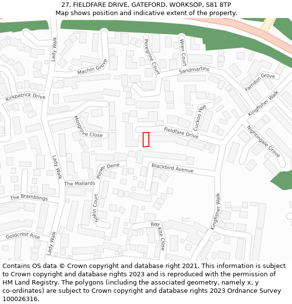 27, FIELDFARE DRIVE, GATEFORD, WORKSOP, S81 8TP: Location map and indicative extent of plot