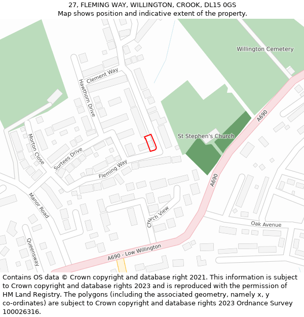 27, FLEMING WAY, WILLINGTON, CROOK, DL15 0GS: Location map and indicative extent of plot