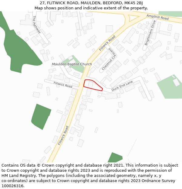 27, FLITWICK ROAD, MAULDEN, BEDFORD, MK45 2BJ: Location map and indicative extent of plot