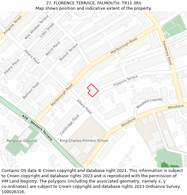 27, FLORENCE TERRACE, FALMOUTH, TR11 3RS: Location map and indicative extent of plot