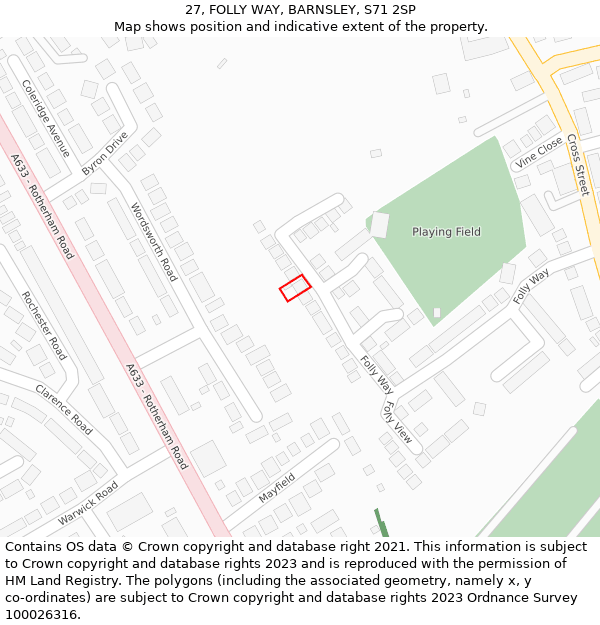 27, FOLLY WAY, BARNSLEY, S71 2SP: Location map and indicative extent of plot