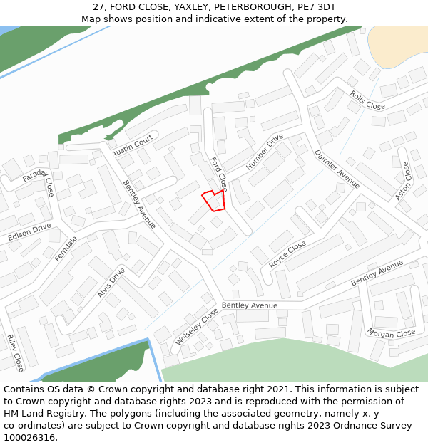 27, FORD CLOSE, YAXLEY, PETERBOROUGH, PE7 3DT: Location map and indicative extent of plot