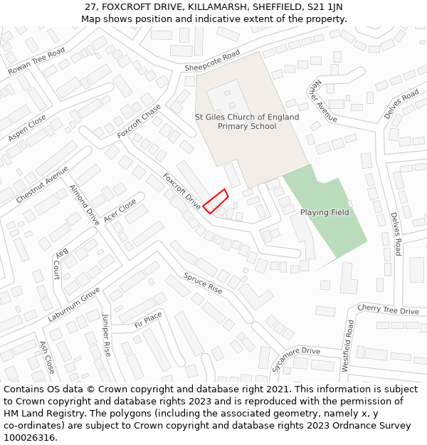 27, FOXCROFT DRIVE, KILLAMARSH, SHEFFIELD, S21 1JN: Location map and indicative extent of plot