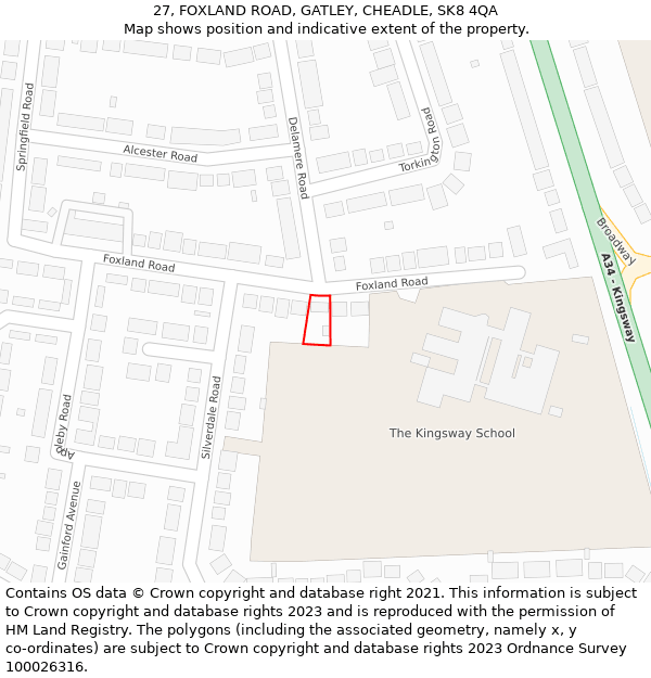 27, FOXLAND ROAD, GATLEY, CHEADLE, SK8 4QA: Location map and indicative extent of plot