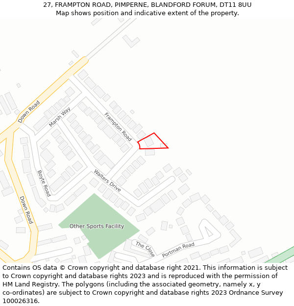 27, FRAMPTON ROAD, PIMPERNE, BLANDFORD FORUM, DT11 8UU: Location map and indicative extent of plot