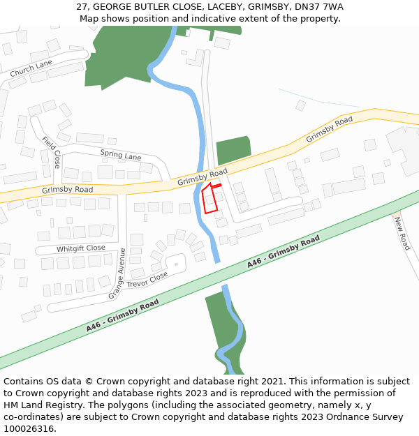 27, GEORGE BUTLER CLOSE, LACEBY, GRIMSBY, DN37 7WA: Location map and indicative extent of plot