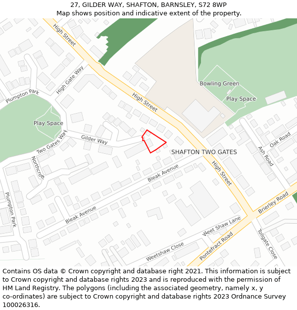 27, GILDER WAY, SHAFTON, BARNSLEY, S72 8WP: Location map and indicative extent of plot