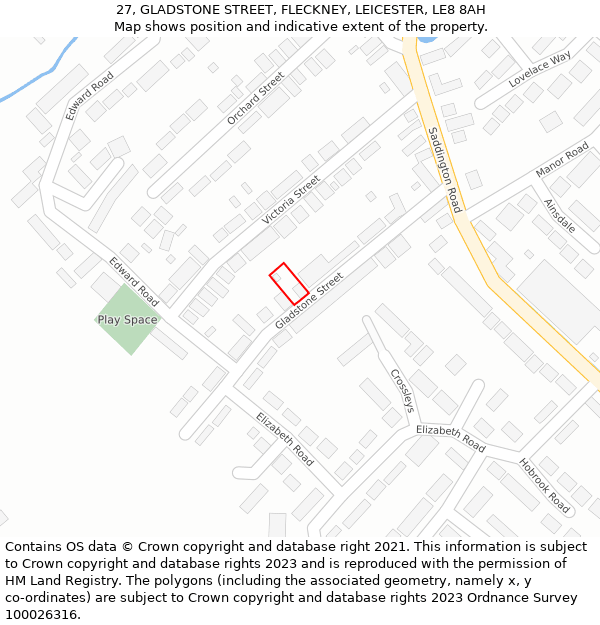 27, GLADSTONE STREET, FLECKNEY, LEICESTER, LE8 8AH: Location map and indicative extent of plot