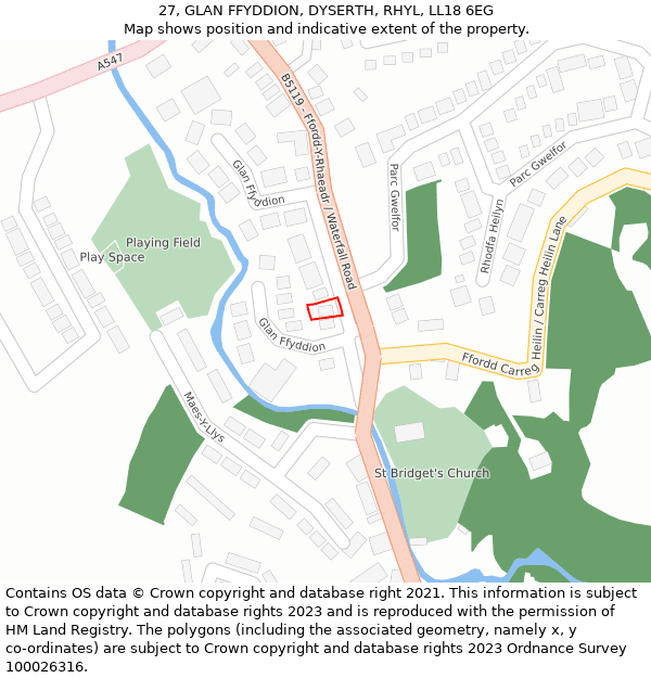 27, GLAN FFYDDION, DYSERTH, RHYL, LL18 6EG: Location map and indicative extent of plot