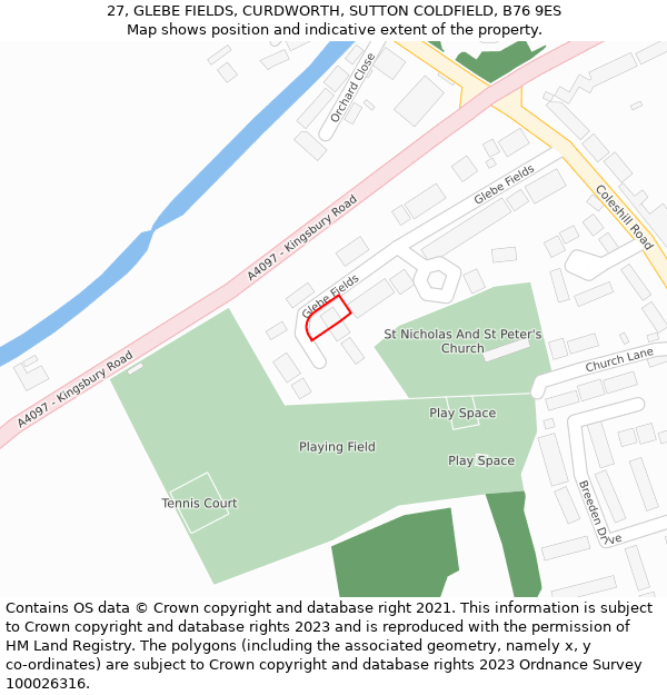 27, GLEBE FIELDS, CURDWORTH, SUTTON COLDFIELD, B76 9ES: Location map and indicative extent of plot