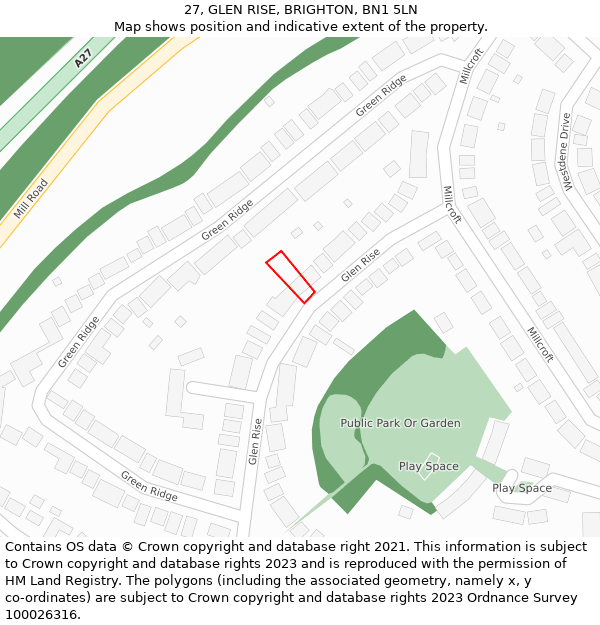 27, GLEN RISE, BRIGHTON, BN1 5LN: Location map and indicative extent of plot