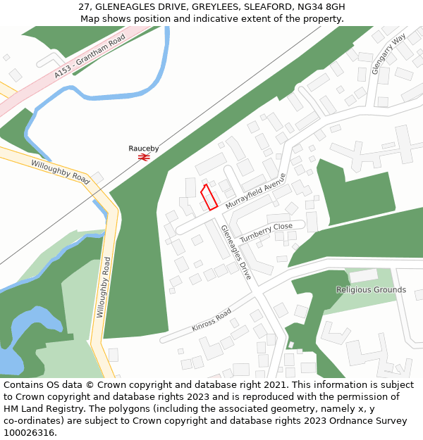 27, GLENEAGLES DRIVE, GREYLEES, SLEAFORD, NG34 8GH: Location map and indicative extent of plot