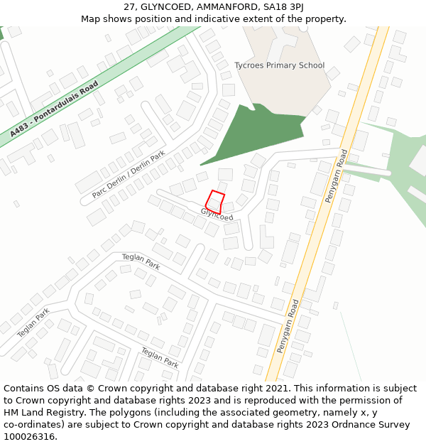 27, GLYNCOED, AMMANFORD, SA18 3PJ: Location map and indicative extent of plot