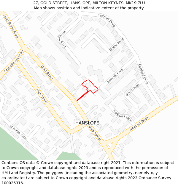 27, GOLD STREET, HANSLOPE, MILTON KEYNES, MK19 7LU: Location map and indicative extent of plot