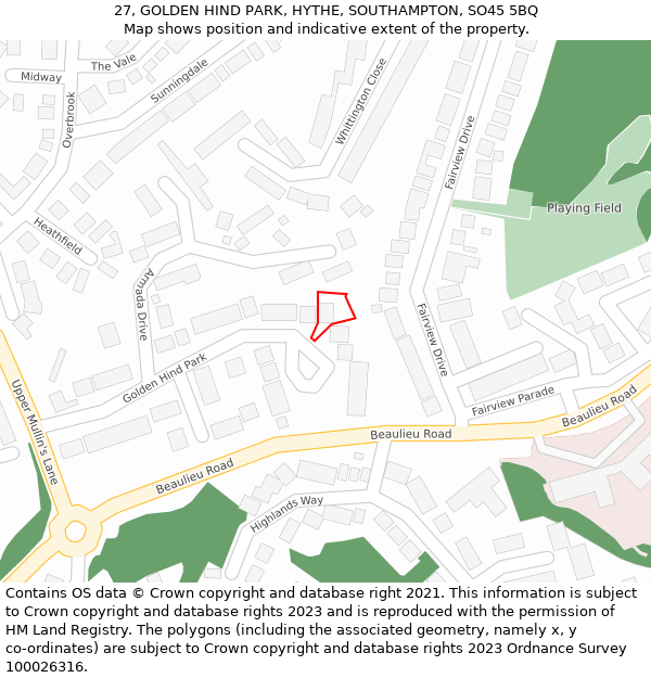 27, GOLDEN HIND PARK, HYTHE, SOUTHAMPTON, SO45 5BQ: Location map and indicative extent of plot