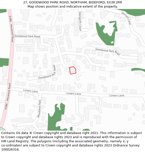 27, GOODWOOD PARK ROAD, NORTHAM, BIDEFORD, EX39 2RR: Location map and indicative extent of plot