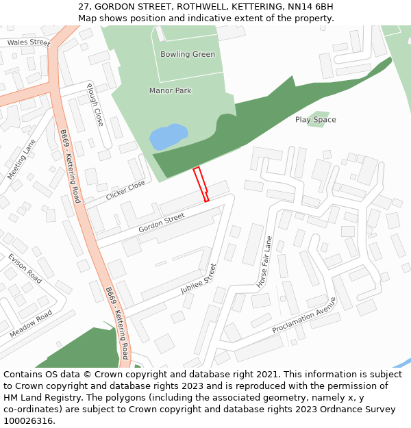 27, GORDON STREET, ROTHWELL, KETTERING, NN14 6BH: Location map and indicative extent of plot