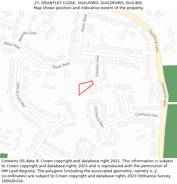 27, GRANTLEY CLOSE, SHALFORD, GUILDFORD, GU4 8DL: Location map and indicative extent of plot